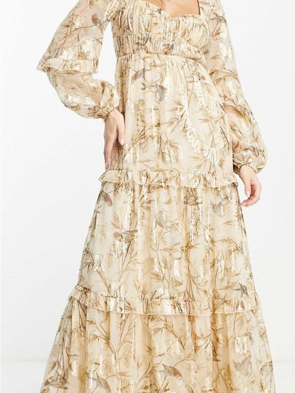 ASOS Cream Floral Metallic-Detail Tiered Maxi Dress
